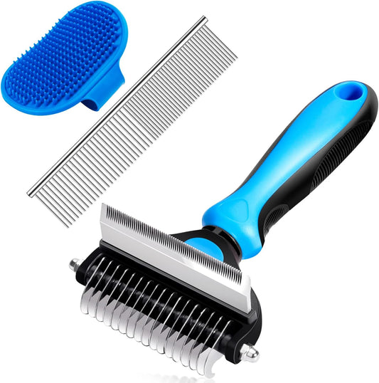 Dog Grooming Brush, 2 in 1 Dog Undercoat Rake for Small Dogs and Cats Shedding, Safe Dematting Comb Deshedding Tool for Pet Matted Hair (Small Blue)